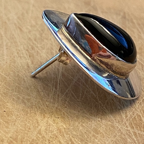Vintage signed onyx teardrop 925 sterling silver earrings - Picture 2 of 6